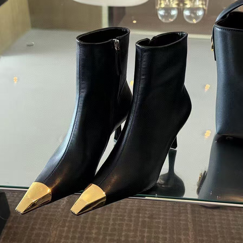 24X1 New 2024 Metal Small Square Toe Slim Heel High-Heeled Shoes Versatile, Fashionable And Comfortable, Side Zipper Short Boots For Women