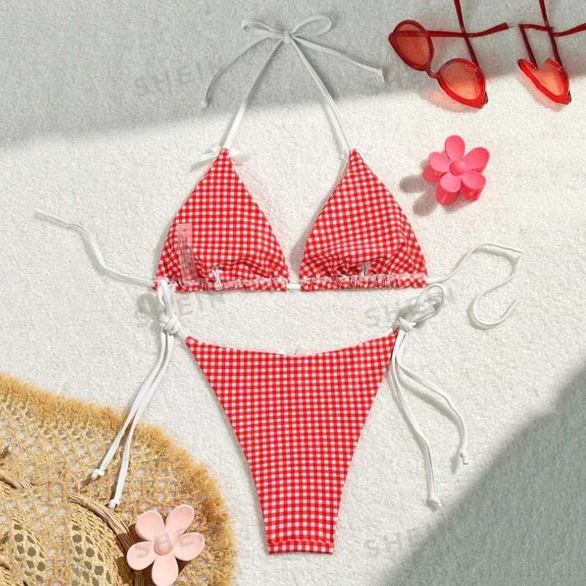 Red plain camisole mini bikini womens thong mini swimsuit lace top sexy swimsuit triangle bikini set 2024W241225