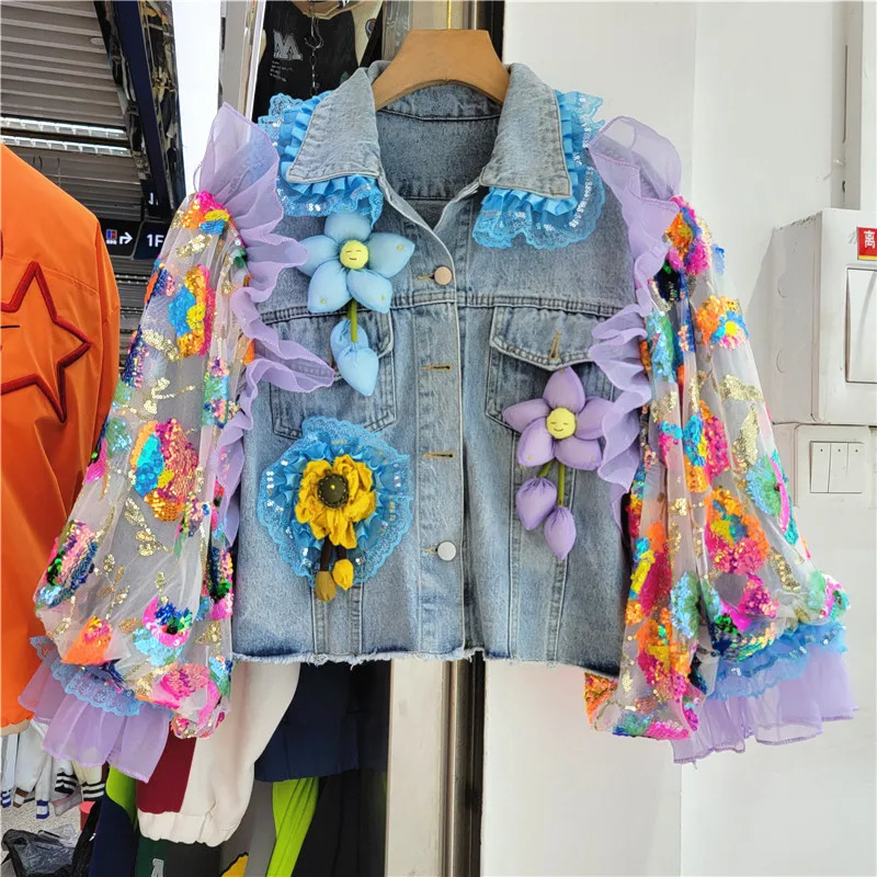 Hem Frayed Big Pocket Denim Jacket Women Multicolour Sequins Mesh Lantern Sleeve Cow Outwear Loose Short Jeans Jackets Female 241223