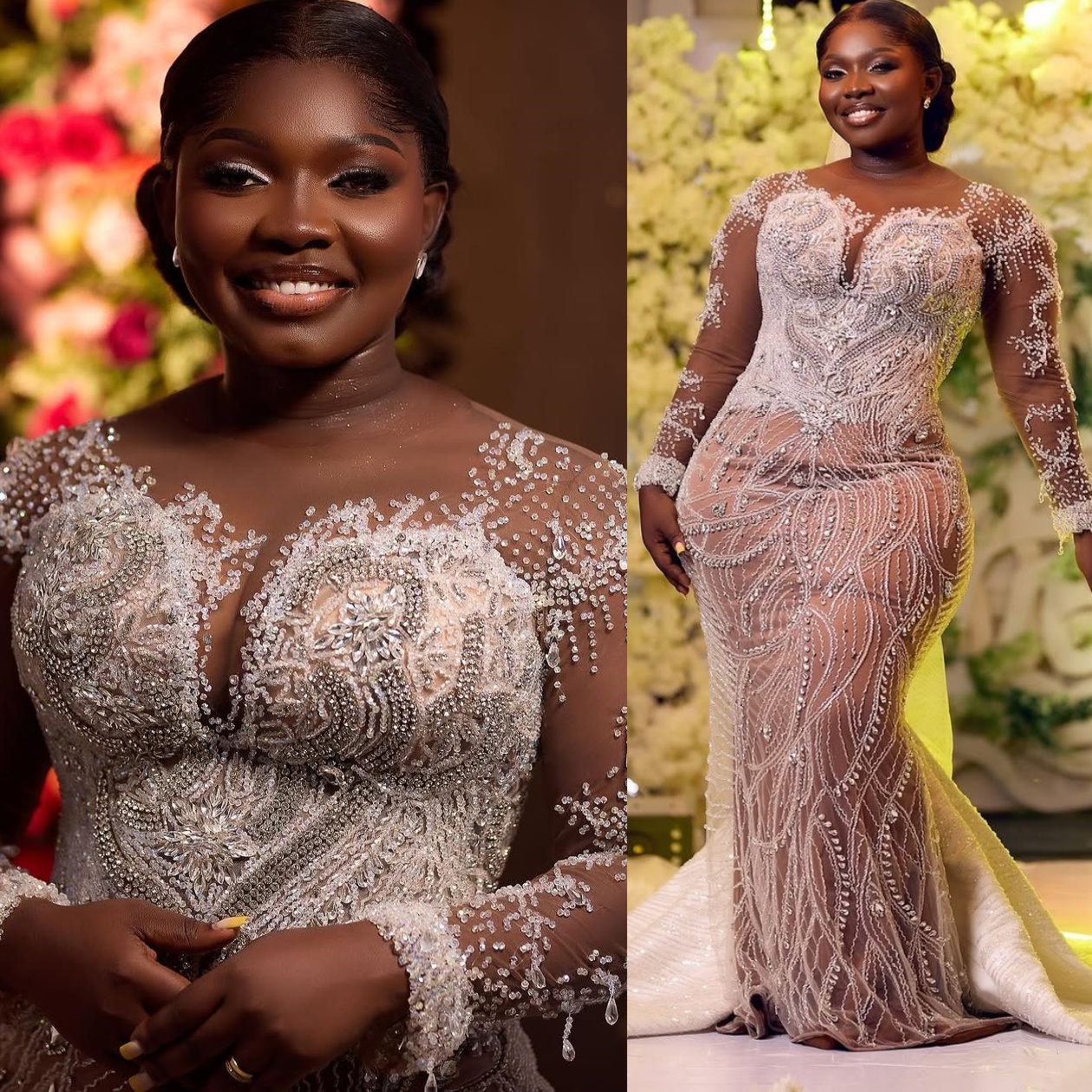 2025 Arabic Aso Ebi Plus Size Ivory Lace Wedding Dresses Illusion Crystals Beaded Detachable Train Bridal Gowns Dress ZJ406