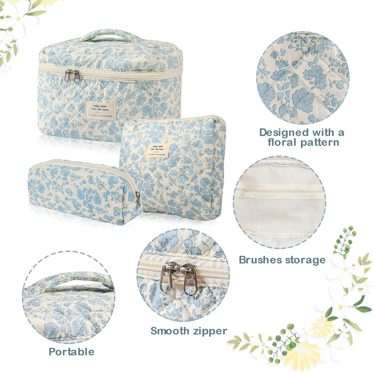 YANZAI 3 Pcs Cotton Quilted Makeup Bag Set Floral Cotton Cosmetic Bag Aesthetic Womens Large Capacity Toiletry Organizer 250221