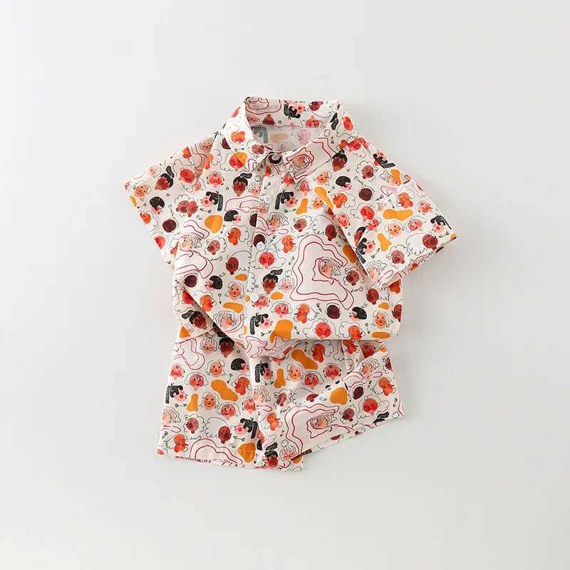 Clothing Sets Summer Boy Clothes Set Printing Short Sleeve Lapel Shirts and Shorts Suit Childrens Boys Top and Bottom Fashion Beach ClothingY241225X3F