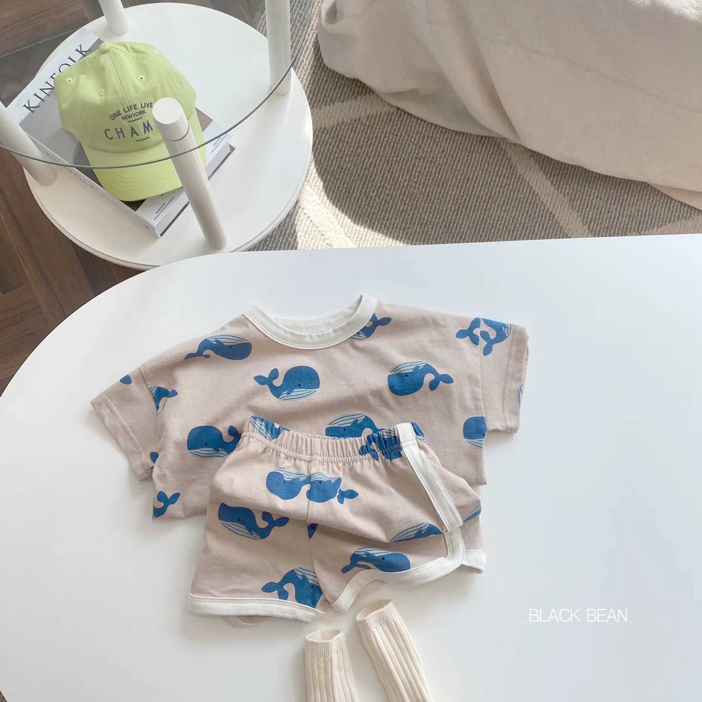 Clothing Sets Summer New Korean Version of the Childrens Dolphin Printing Short-Sleeved Shorts Suit Baby Cute Cartoon Home Wear Leisure SuitY241225XI0