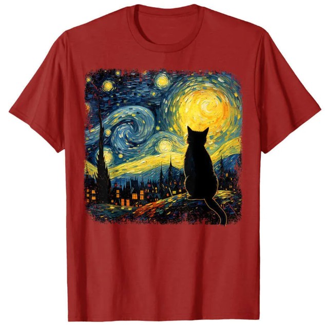 Cat Mom and Dad Van Gogh Artwork Tees - Stylish Designer Tops with Starry Night Cats Design