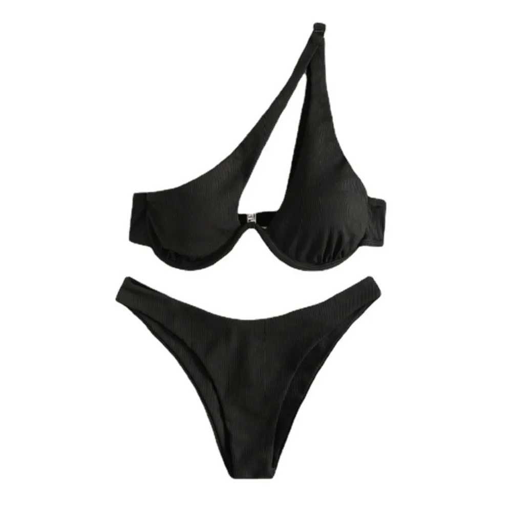 2024 Multi Color Sexy Triangle Bikini Swimsuit One Shoulder Underwire Split Womens Solid Beach Style Bikini SwimsuitW241225