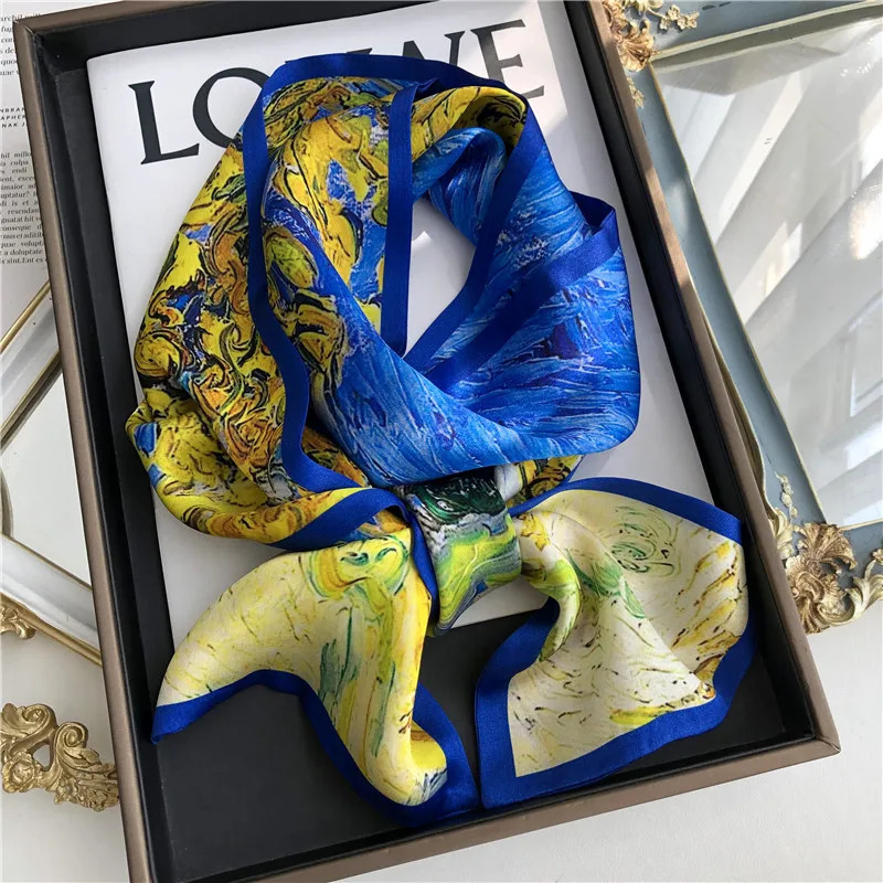 faux Real Silk Scarf Women Print Silk Satin Shawl Wraps Long Pure Silk Ribbon Decoration Hijabs Double-sided Neckerchief Foulard 241225