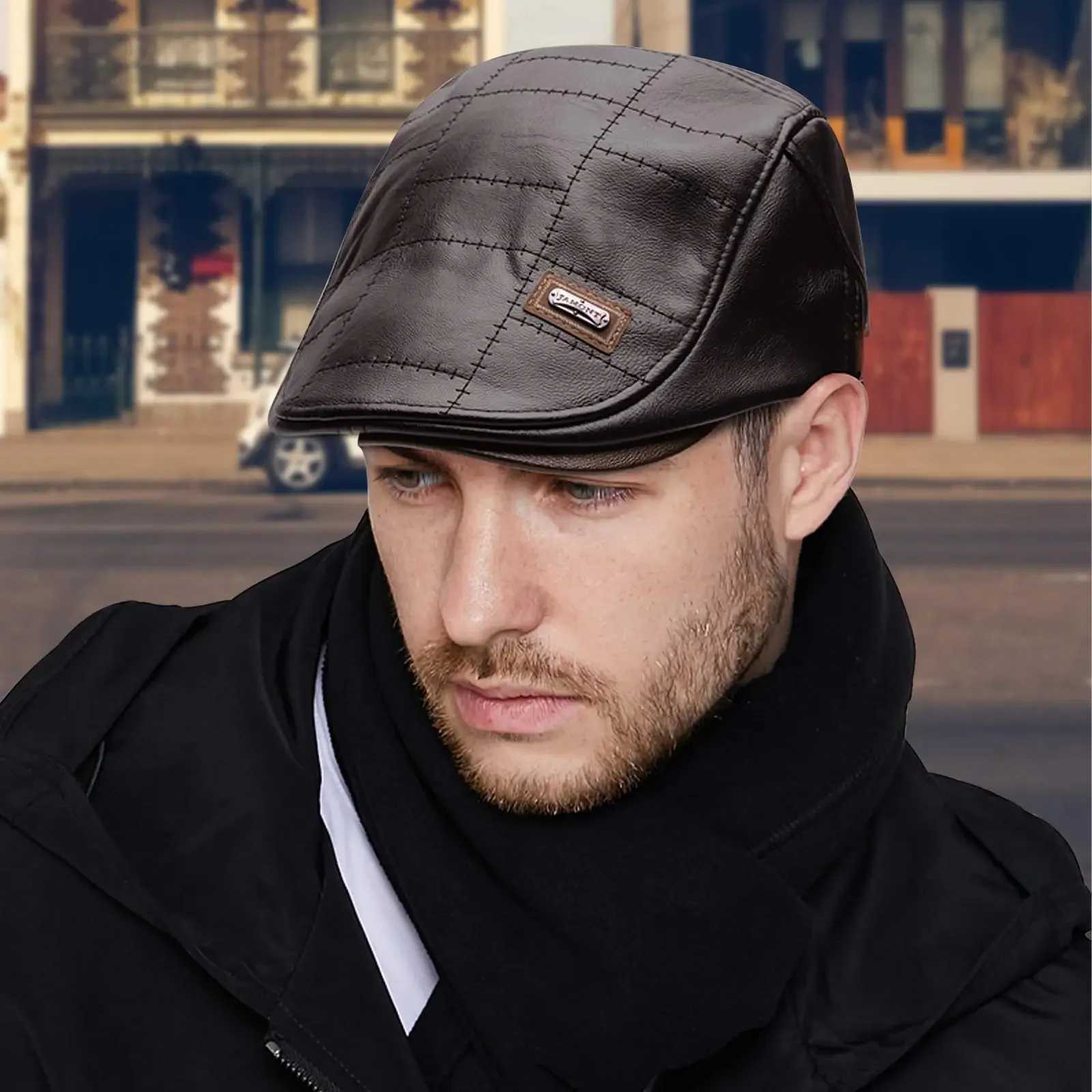 Mens fashion retro PU leather beret autumn winter warm beret middle-aged and elderly mens lining warm flat leather hat adjustable W241225