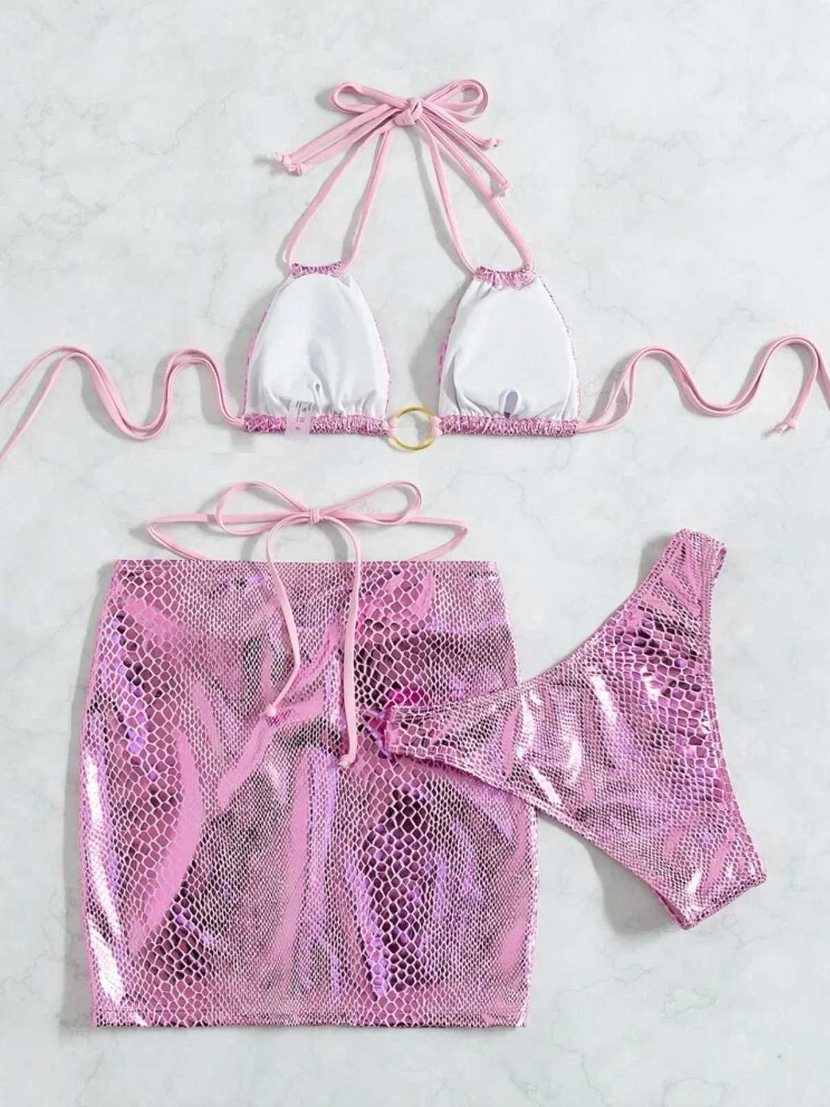 Sexy and shiny snake skin bikini womens swimsuit womens swimsuit three piece bikini set bathroom swimsuit K4237W241225