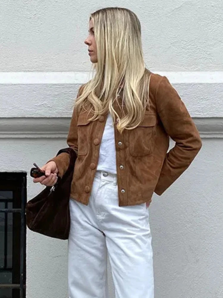 ZBZA Women Brown Suede Leather Jacket Vintage Lapel Single Breasted Long Sleeve Pocket Slim Outerwear Fall Winter Lady Chic Top 241220