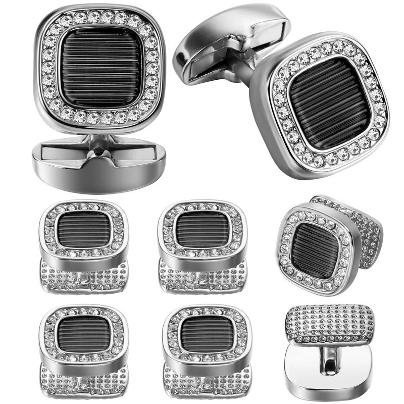 HAWSON 8PCS/Set Tuxedo Cufflinks and Studs for Men Retro Square Enamel Cuff Links Set with Crystal Fashion Mens Jewelry 241225