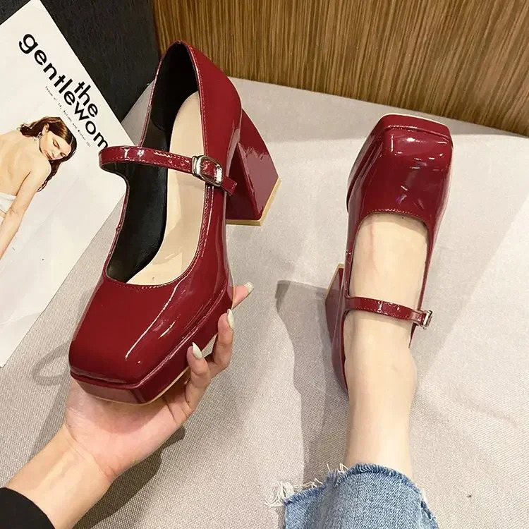 Platform Pumps Womens Square Toe Thick Heels Mary Janes Womens Patent High Heels Party Shoes Square Toe Square Heel 241225
