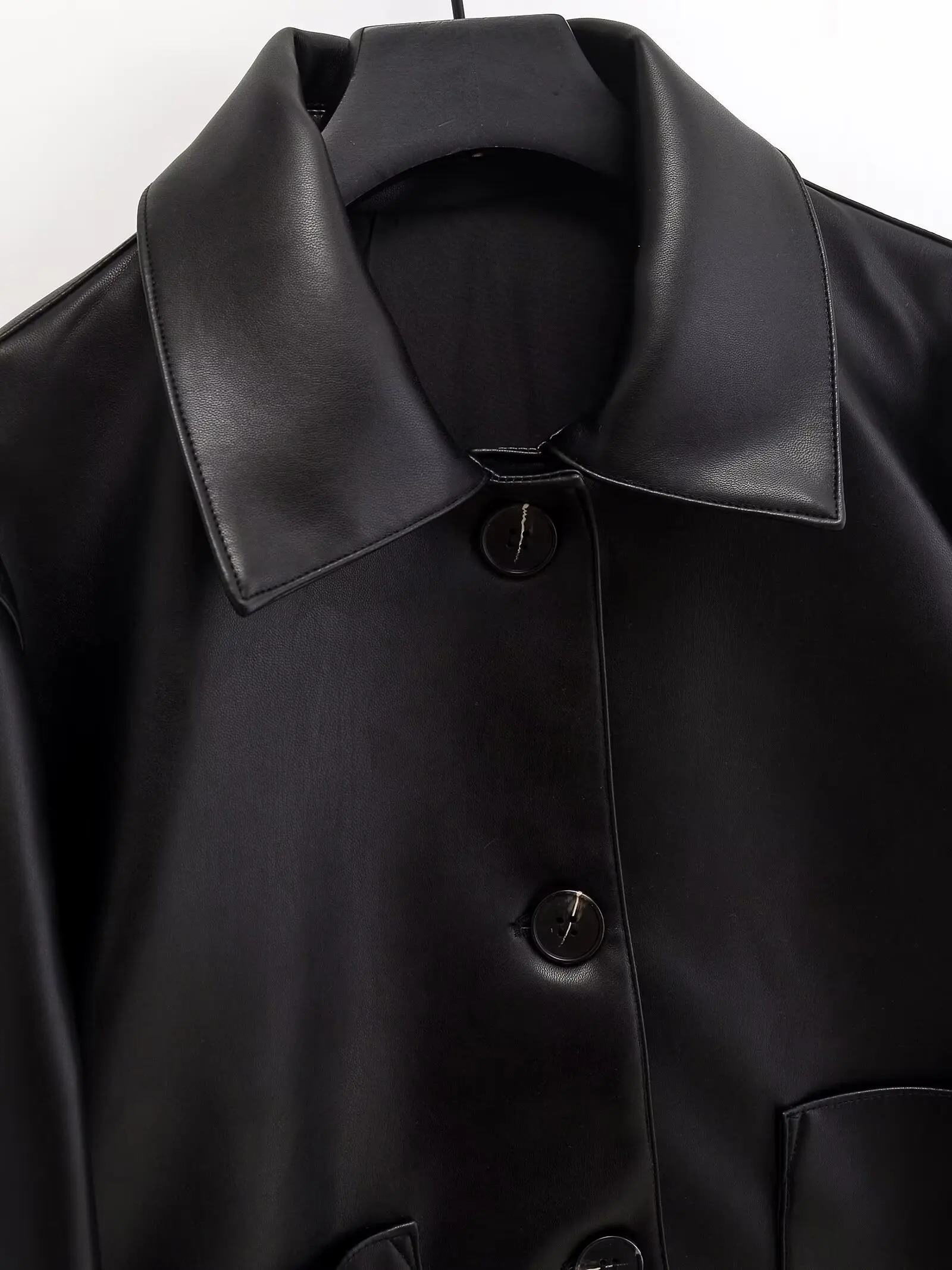 autumn style highgrade temperament lapel black PU leather jacket for women fashionable and versatile trendy 241225