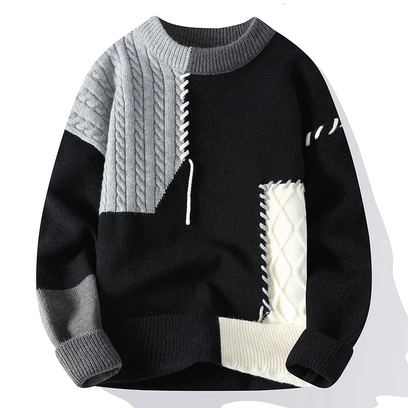 Autumn Winter Warm Mens Knitted Sweaters Fashion Patchwork O Neck Knit Pullovers Korean Streetwear Pullover Casual Mens Clothing 241224