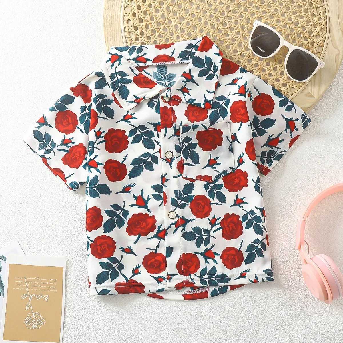 Childrens Shirt 3D Short Sleeve 2024 Summer Boys Girls lapel Top Baby Printed shirt Fashion Rose soft stretchXJ241225