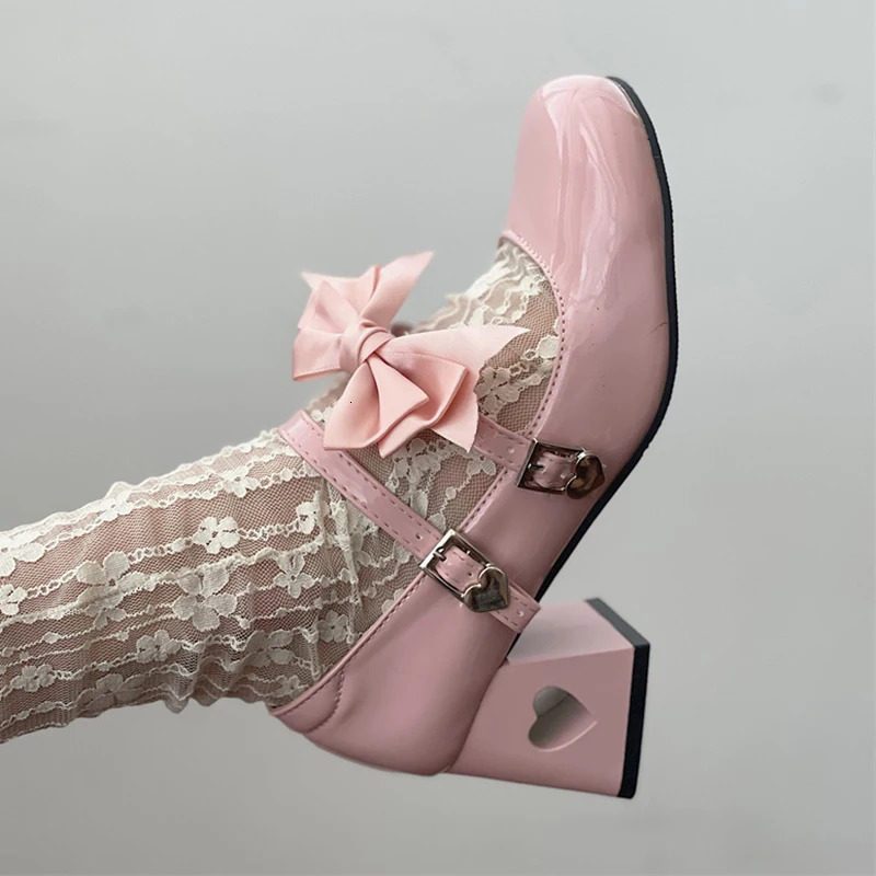 Pink Mary Jane Lolita Shoes Women Autumn Y2K Patent Leather Low Heels Pumps Woman Silk Bowtie Ankle Straps Party Shoes 241225