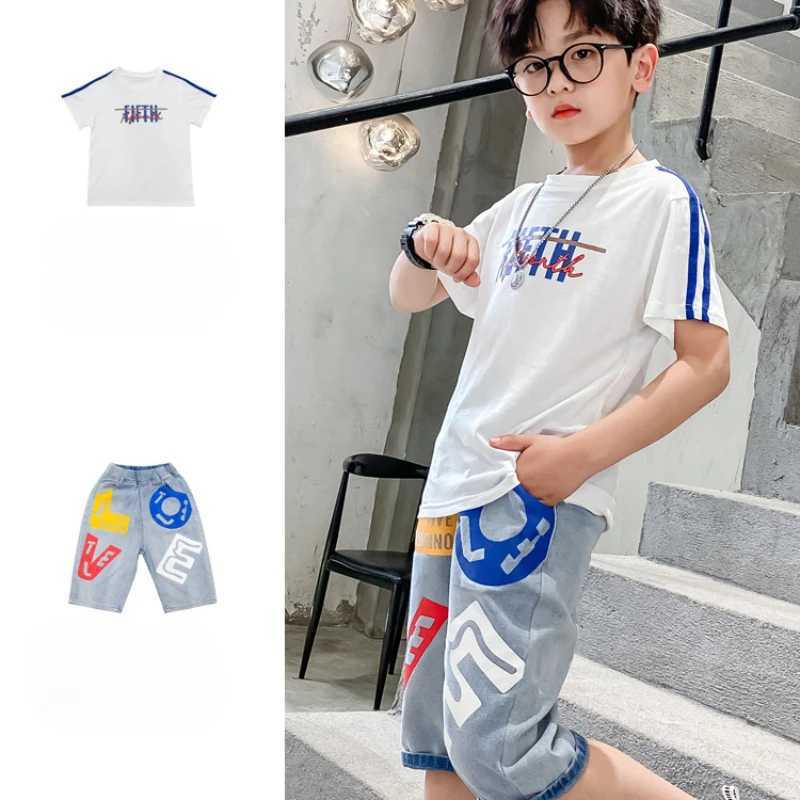 Clothing Sets Summer Children Boys Clothes Set Letter T-shirts and Print Denim Shorts Suit Teenage Fashion Short Sleeve Top Bottom OutfitsY241225CSLN
