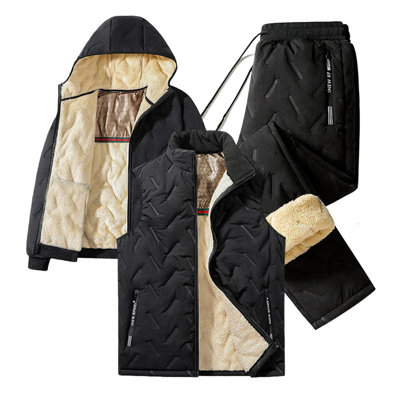 Mens Tracksuit Set Fashion Jogger Winter Graphene Fleece Warm Hooded Jacket Vest Pants 3 Piece Male Casual Running Sports Suit 241224