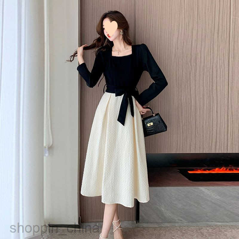 women dresses fashion style contrasting autumn dress for commuting, luxury, niche luxury, elegant and slimming, big skirt display