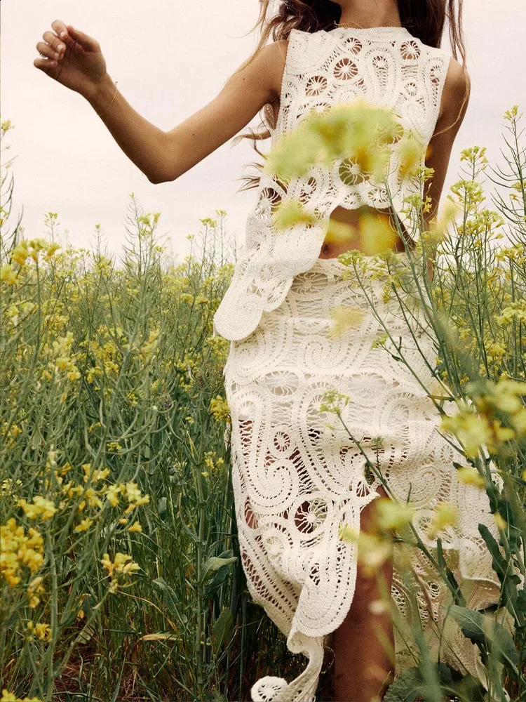 Crochet Knitted Asymmetric Womens Dress Set Chic Oneck Sleeveless Top Short Lining Skirt Suit 2023 Fashion Fairy Sweet Outfits 241220