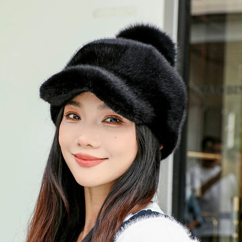 Y2K Fashion Mink Fur Hat Womens Winter Thick Warm Faux Mink Fur Cap Knight Hat Fur Duckbill Hat Baseball Cap Trendy Caps Womens 241225