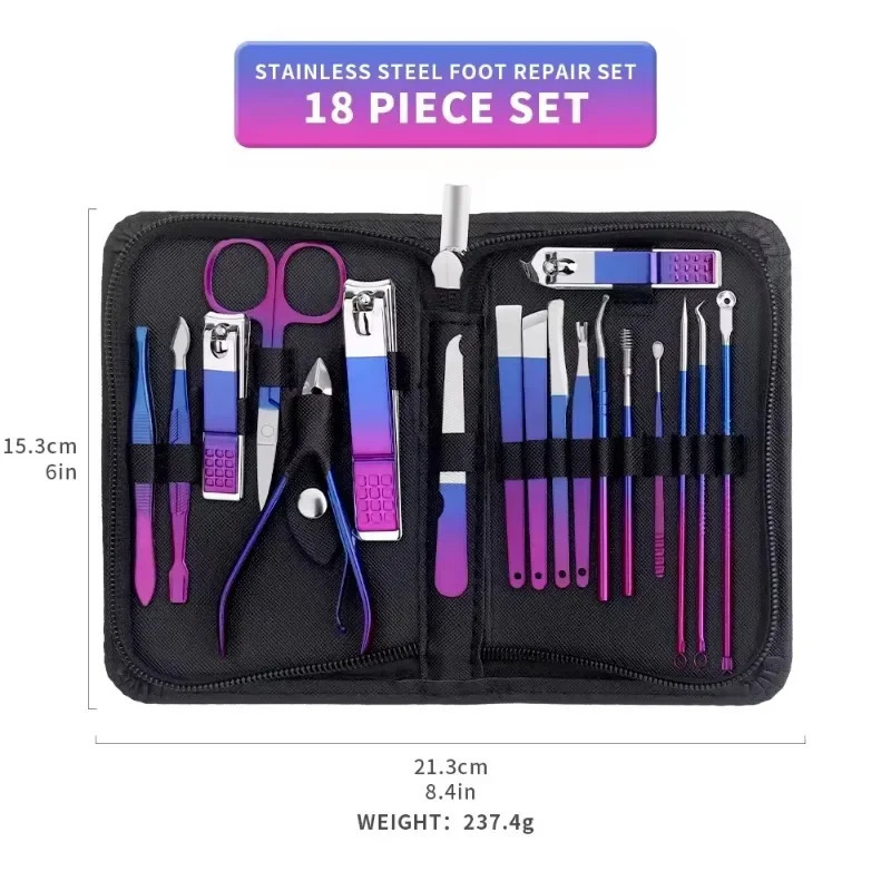 9-18pcs Set Professional Stainless Steel Manicure Pedicure Kit Precision Nail Care with Travel Case with Nail Clipper Scissor 241225