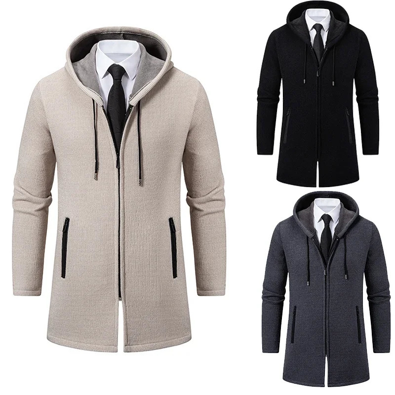 Autumn Winter Mens Casual Knitted Coat Velvet Padded Jacket Male Hoodies Warm Jumper Fashion Zipper Cardigan 241225