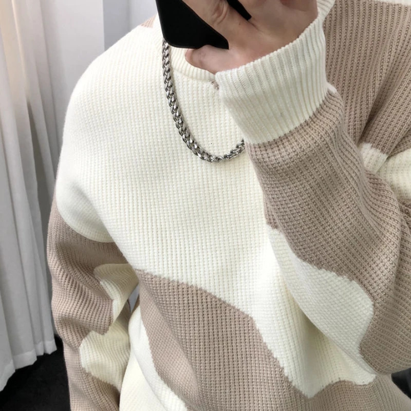 Man Clothes Round Collar Pullovers Knitted Sweaters for Men Crewneck Color Matching Black Cigaret Casual Korean Style Jumpers S 241224