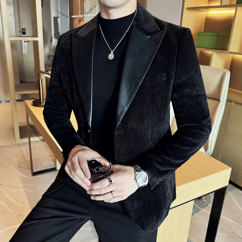 Autumn Five Color Chenille Patchwork Leather Suit Jackets for Men Army Green Kapok Fabric Contrasting Casual Mens Blazer 241225