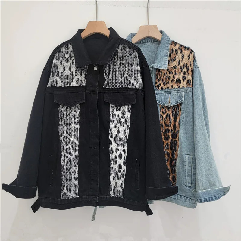 Street Hipster American Retro Leopard Print Sequined Splicing Denim Jacket Women Autumn Casual Loose Long Sleeve Jacket Top 241223