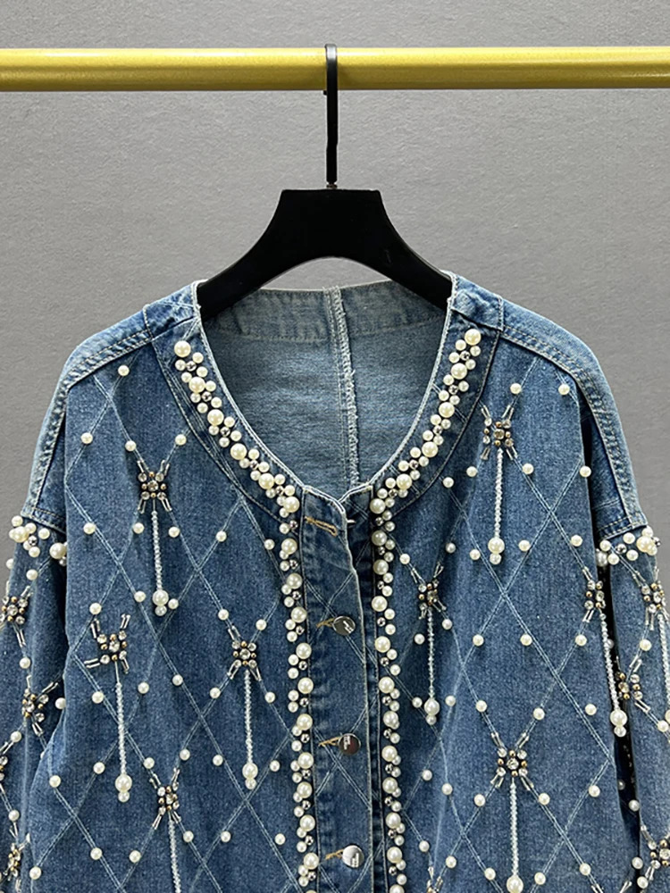 DEAT Womens Denim Coat Nail Drill Pearls Pendant Plaid O-neck Single Breasted Elegant Jackets 2025 Spring Fashion 29L7246 241223