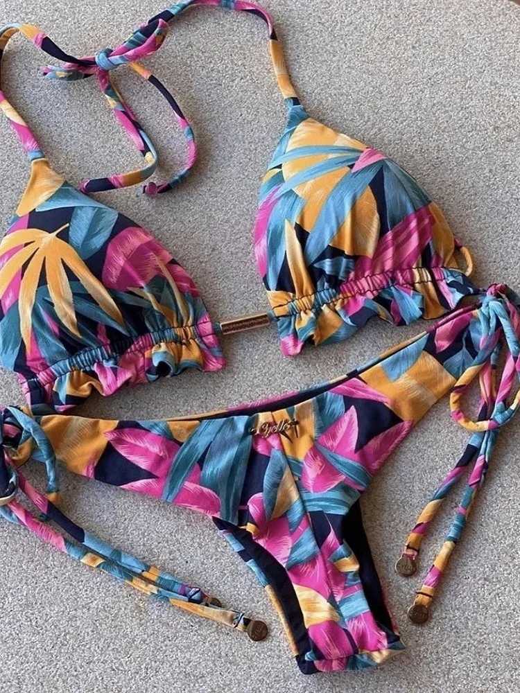 OIINAA Womens Swimsuit Sexy Printed Swimsuit Lace Bikini Set Woven Rope Two Piece Summer Womens Biquinis New Beach WearW241225