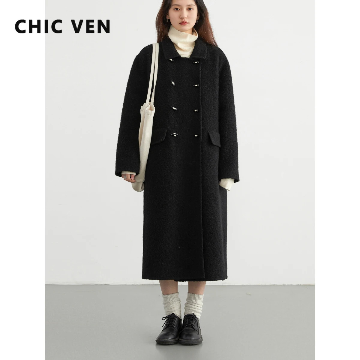 CHIC VEN Women Woolen Coats Solid Doublebreasted Loose Retro Polo Collar Wool Woman Long Ladies Coat Spring Autumn 2024 241225