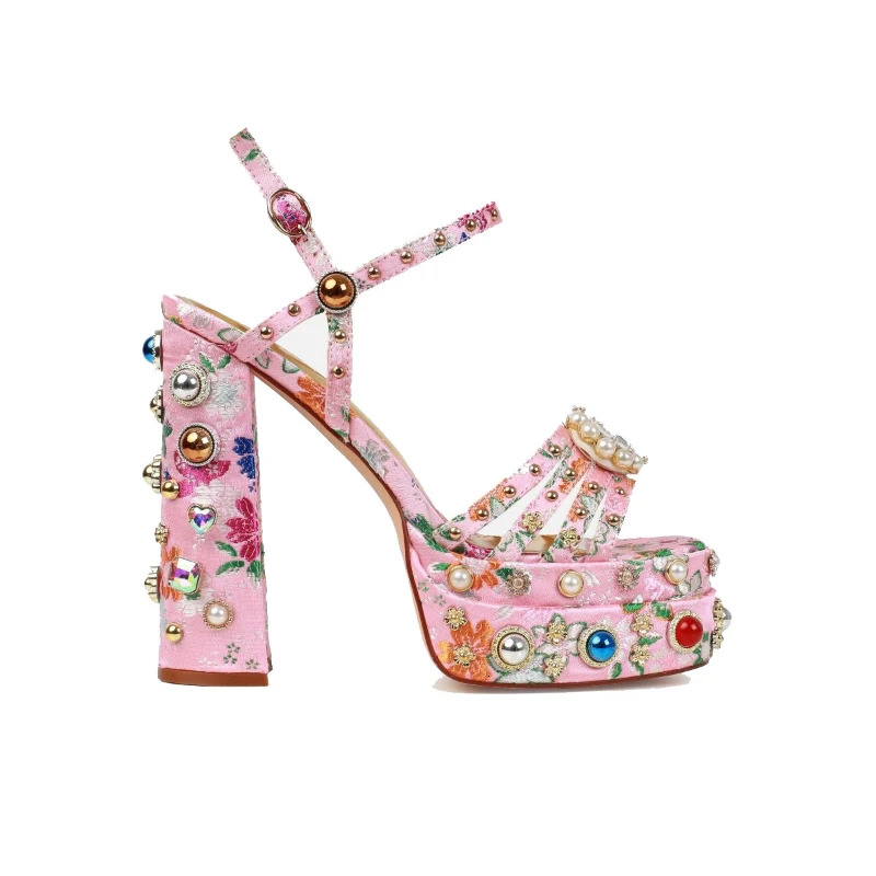 2025 Women's High-Heeled Thick Soled Single Buckle Sandals With European And American Sexy Silk Rhie Party Shoes
