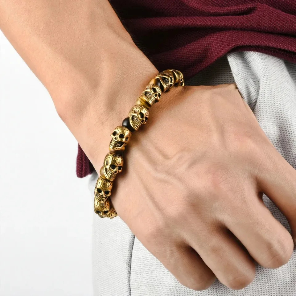 Punk Hip Hop Stainless Steel Skull Bracelet Biker Vintage Beads Bangles For Men Boys Fashion Creative Jewelry Gifts Drop 241225