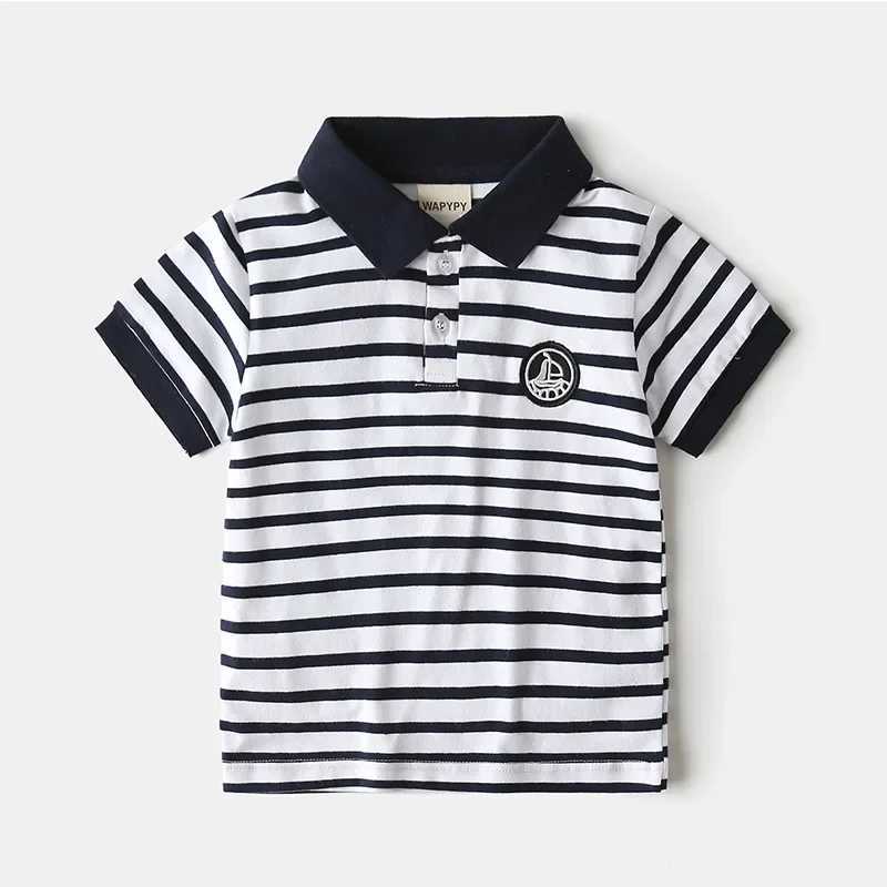 Kids Embroidered Short Sleeve T-shirt 2024 Summer Boys Loose Striped Polo Shirt Breathable Cotton for Ages 3-8 4 ColorsXJ241225