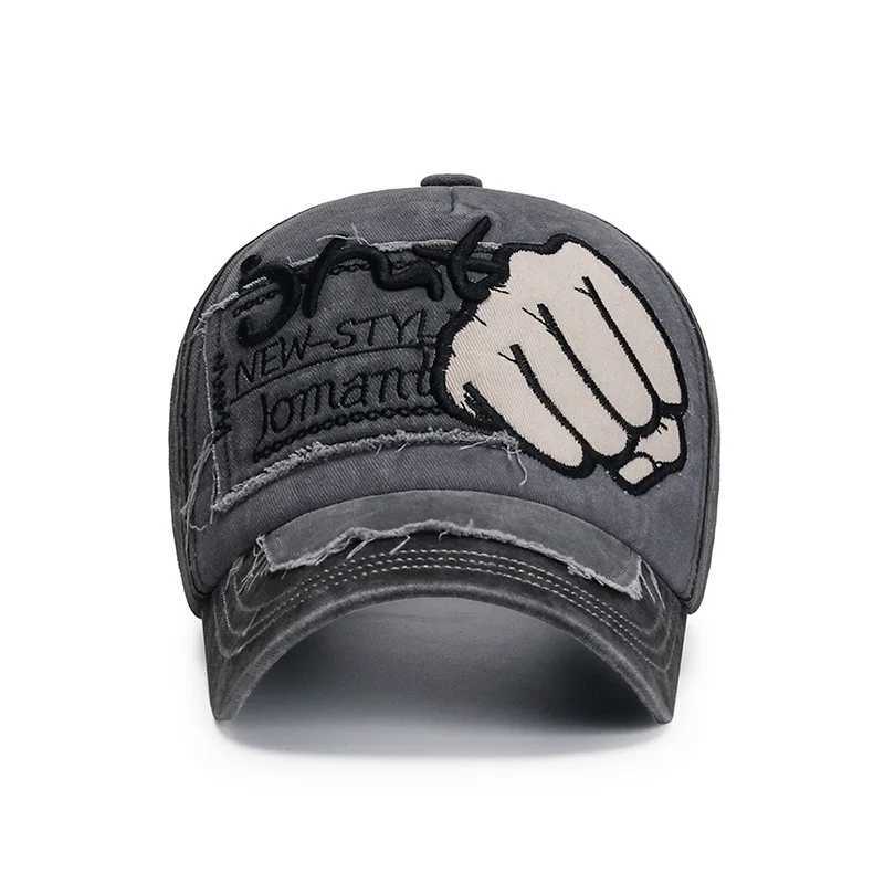 Hip hop Fist Baseball Hat Letter Embroidered Foot Hat Retro Washed Cotton Hat Mens Punk Snap on Outdoor Sunshade W241225