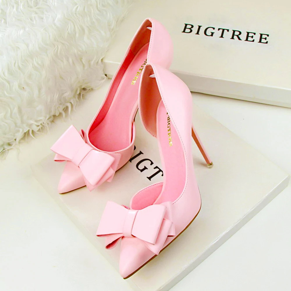 Korean Fashion Womens Shoes Wedding Bow High Heels Stiletto Heels Shallow Pointed Head Side Empty Thin Shoes 241225