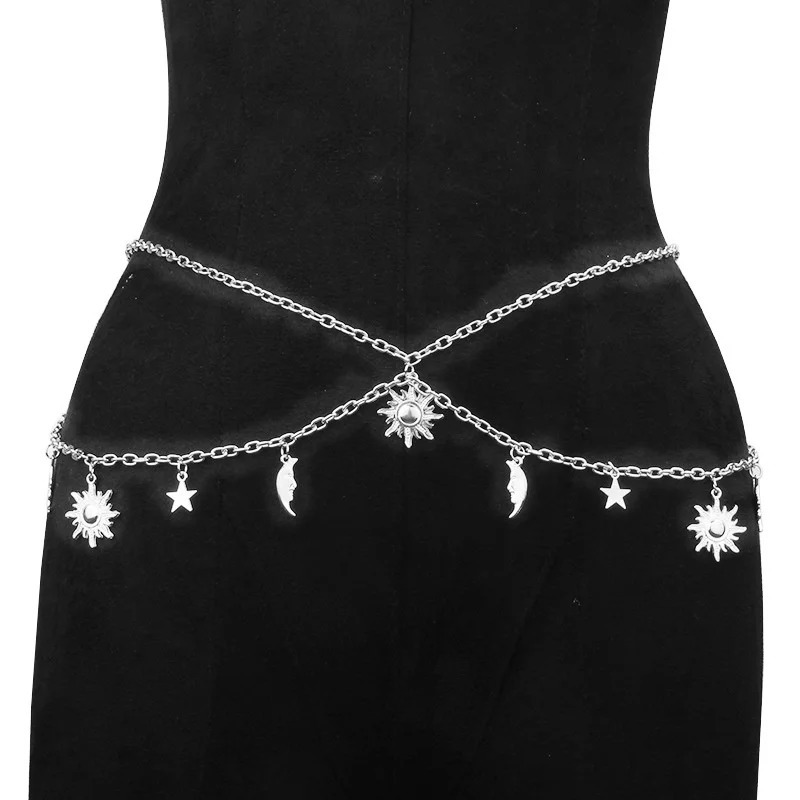 Hip Hop Fashion Metal Star Moon Double Layer Chain Sexy Pants Chain Body Fashion Sexy Adjustable Waist Chain 241225