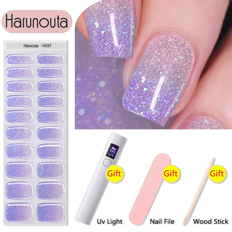 Harunouta 4Pcs/Set Semi Cured Gel Nail Strips with Nail Dryer Nail File Wooden Stick Milky Opal Sparkly Shinning LED Cured Wraps 241225