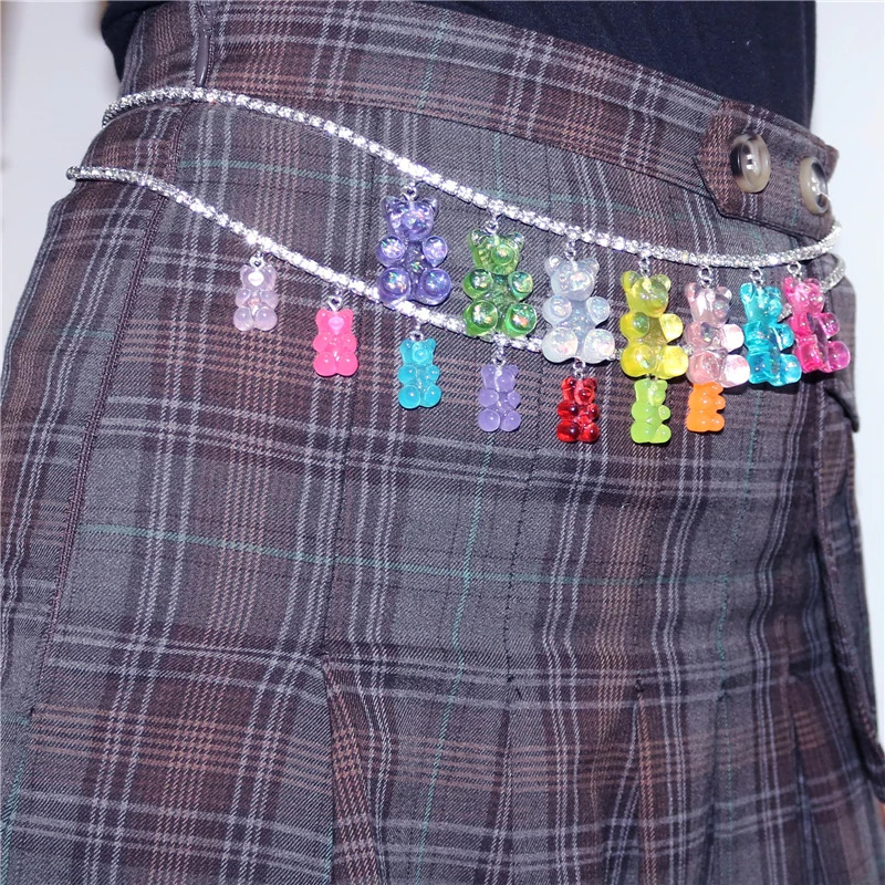 Y2K Punk Hip Hop Gummy Bear Rhinestone Chain Women Girls Waist Pants Chain Jeans Long Crystal Keychain Jewelry Harajuku 241225