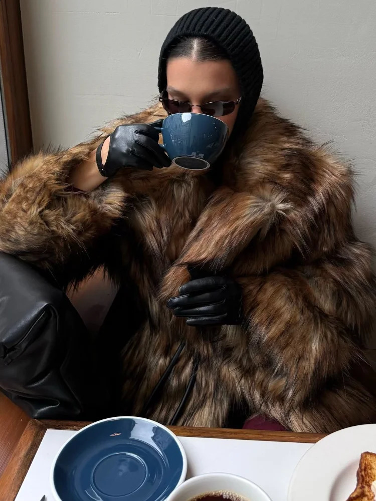 Fashion Solid Lapel Long Faux Fur Overcoat For Women Casual Thicken Warm Fluffy Plush Jackets Lady Winter Outerwear 2024 241223