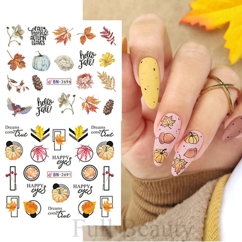 12pcs Fall Leaves Nail Art Stickers Maple leaf Animal Cartoon Water Slider Abstract Nail Decals Autumn Flowers Decor Manicure 241225
