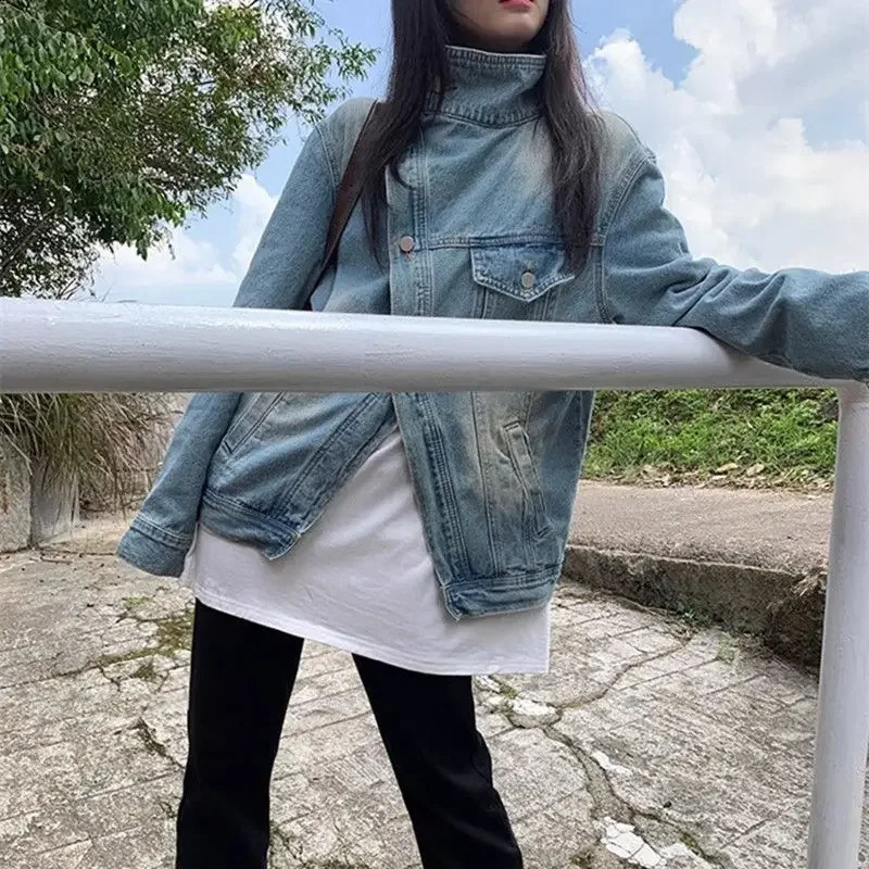 Cowboy jacket couples clothing jacket autumn and spring fashion item all turtle collar jacket unisex European and American style 241219