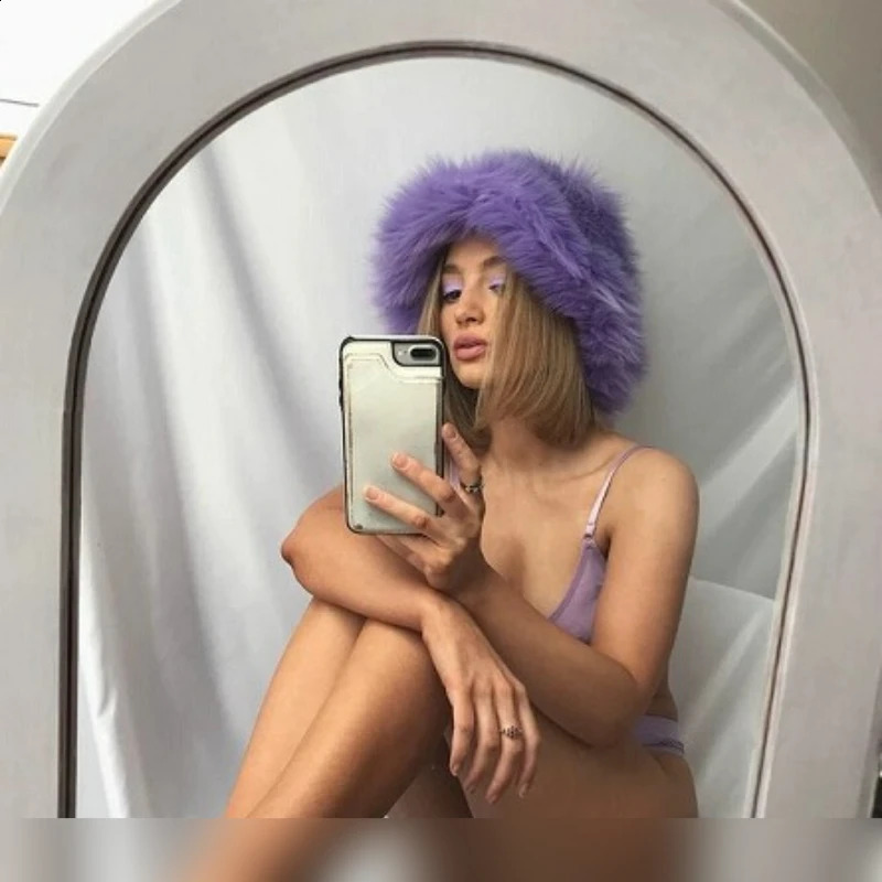 Oversized faux fur bucket hat for winter warm and fluffy fishermans women fashionable party thick basin 241223