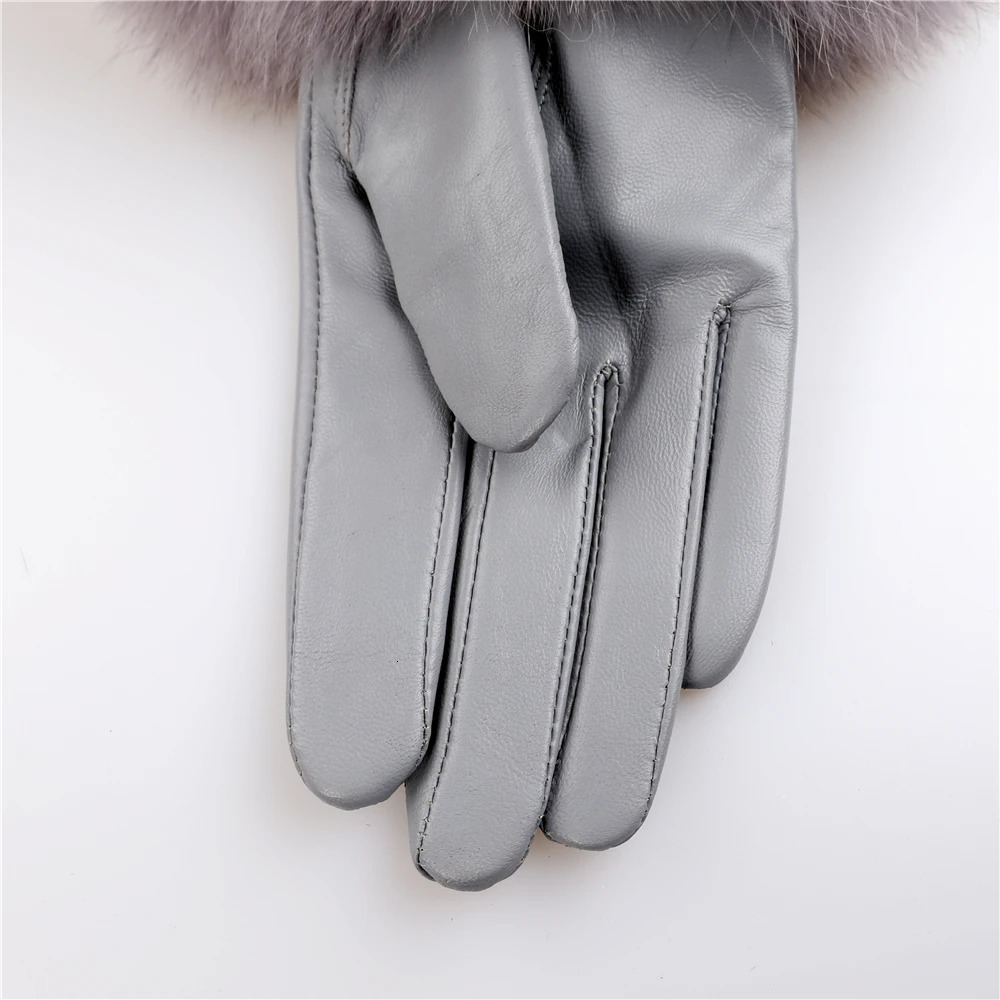 Sheepskin Natural Fox Fur Trimming Gloves Womens Genuine Leather Wrist Warmer Glove Winter Warm Fashion Mittens Fleece Lining 241225