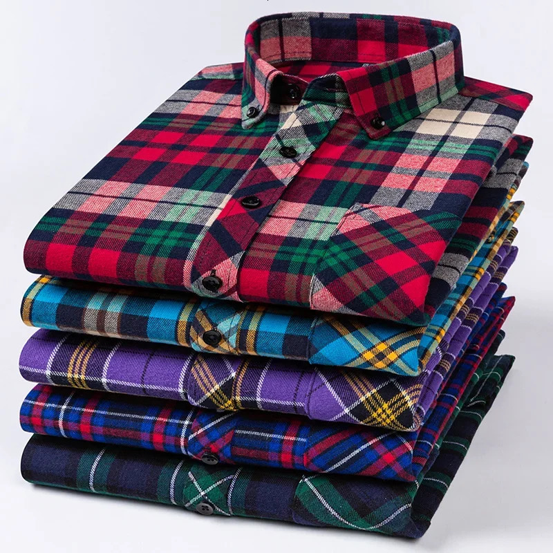 Casual StandardFit Thick Flannel Shirt Plaid Shirts For Men Long Sleeve Pure Cotton Fashion Single Patch Pocket n Young 241224