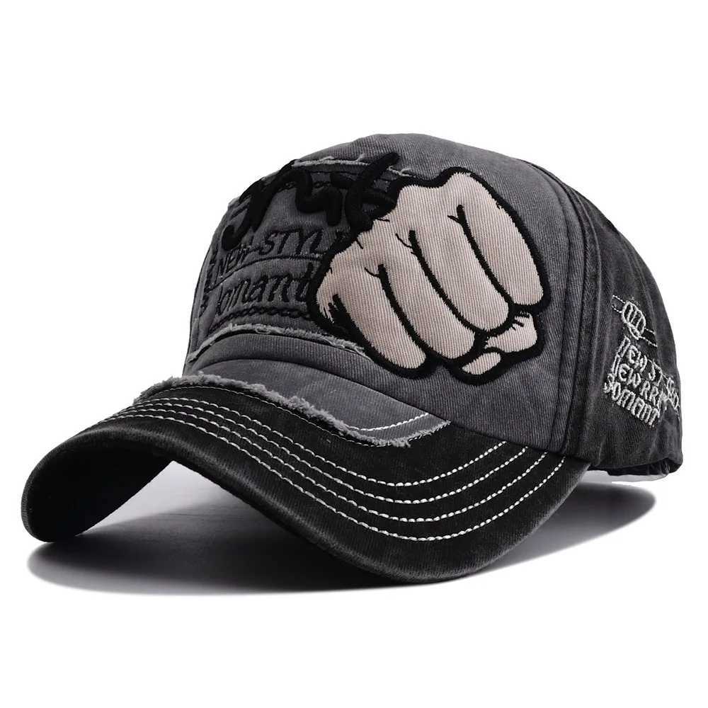 Hip hop Fist Baseball Hat Letter Embroidered Foot Hat Retro Washed Cotton Hat Mens Punk Snap on Outdoor Sunshade W241225