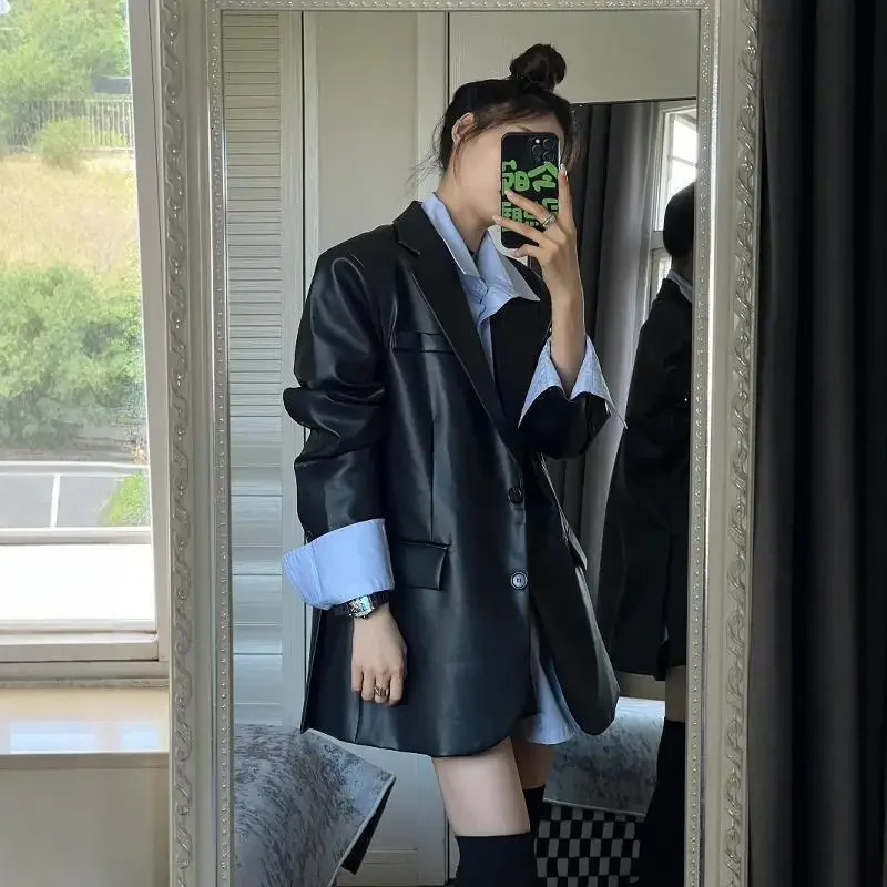 2024 Style Womens Genuine Leather Jacket Loose Fit Casual Elegant HighEnd Feel Top Korean Vintage Black 241225