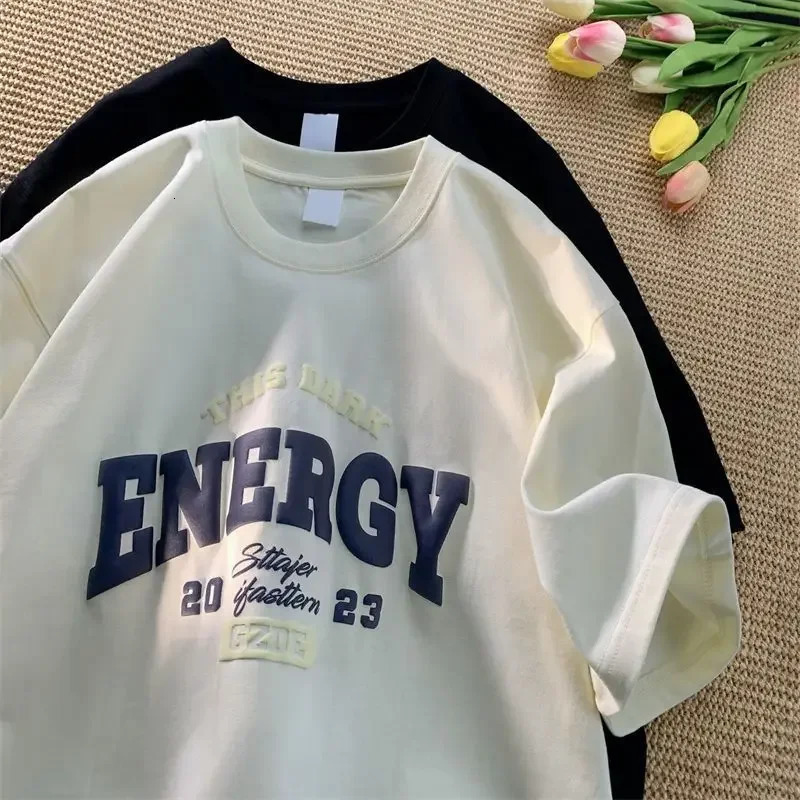 Pure cotton American retro t shirt heavyweight short sleeved men and women oversize loose summer trendy couple tops men clothing 241224