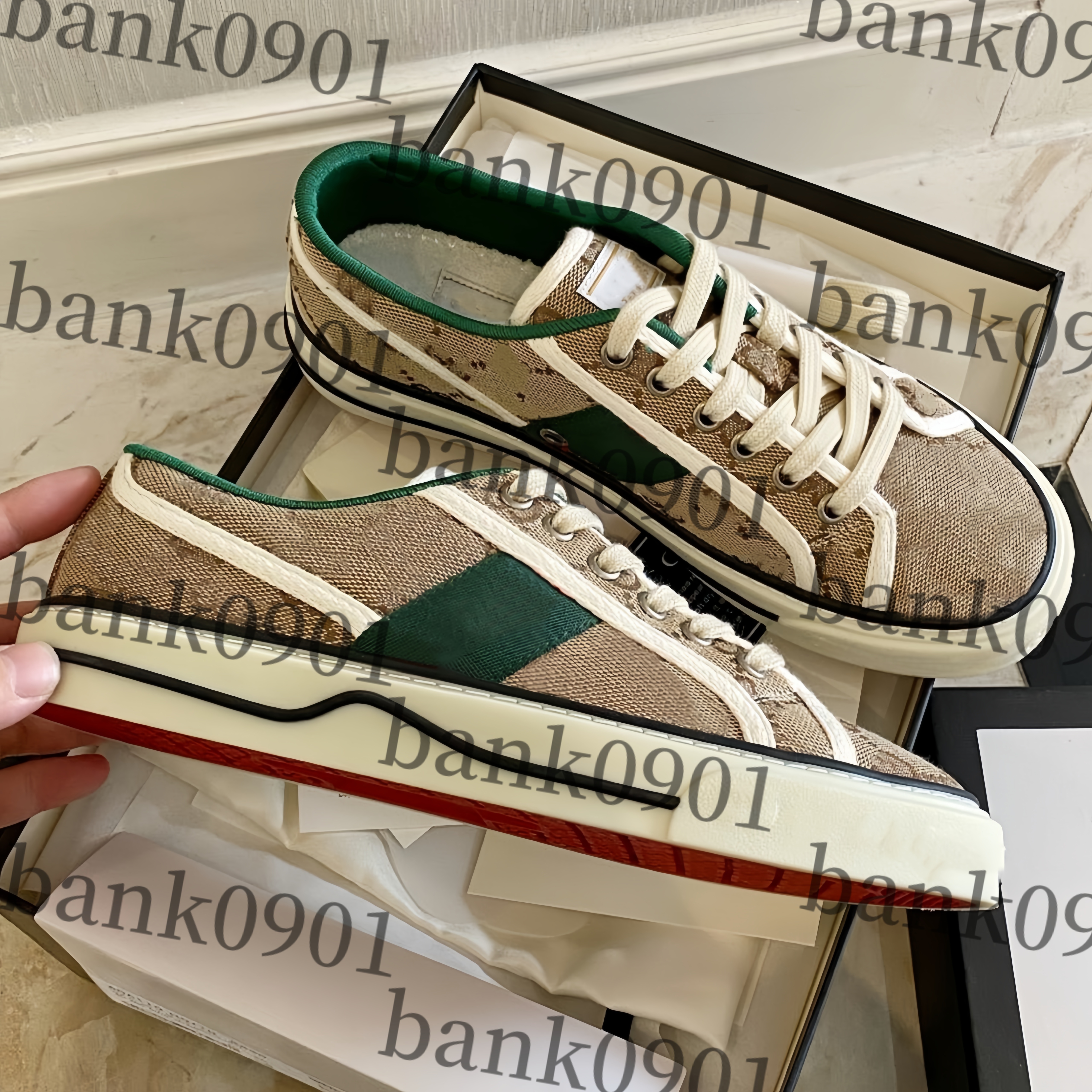 Luxurys Designer Woman Tennis shoe gum sole Tennis Sneaker women Plimsolls man canvas shoe dhgate green Web Stripe Rubber Stretch Low platform Casual shoe size 35-45